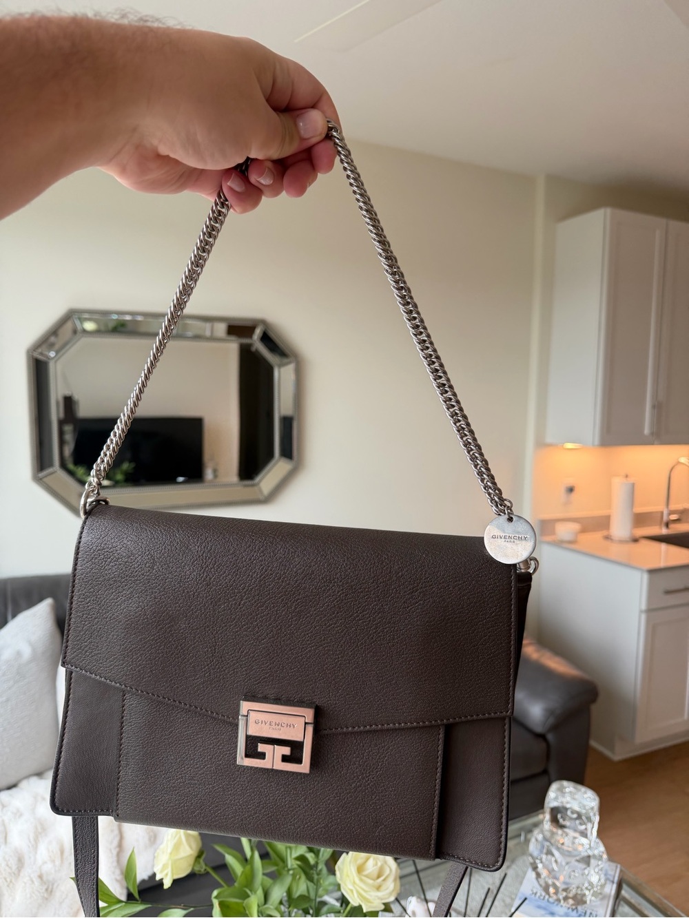 Givenchy Dark Brown Leather Shoulder Bag with Silver Hardware